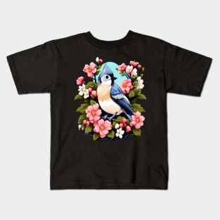 Cute Tufted Titmouse Surrounded by Vibrant Spring Flowers Kids T-Shirt